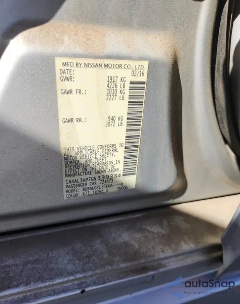 2016 Nissan Altima 2.5 from USA, damaged, VIN 1N4AL3AP7GN339334